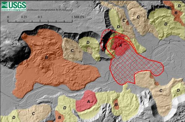 Colored areas show older landslide deposits, distinguished by their relative age: A, youngest to D, oldest. The red cross-hatched area marks the approximate extent of deposits from the March 22, 2014, landslide (from USGS Open-file report 2014=1065).