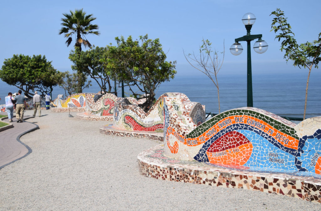 Mosaics along the Parque del Amor, whose designs are reminiscent of work by Antoni Gaudí.