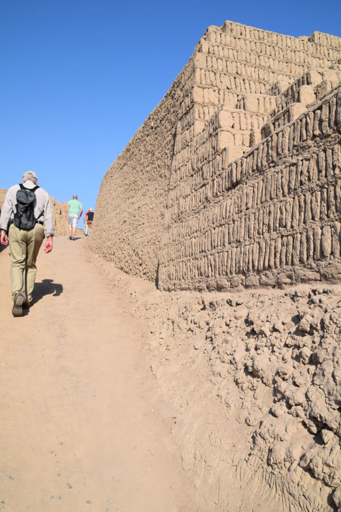 Sand and gravel fill exposed beneath overlying adobe pyramid tier at Huaca Pucllana.