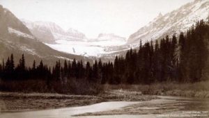 1887 photograph of the Grinnell Glacier taken from footbridge (Lieutenant Beacon, Glacier NP. Public domain).